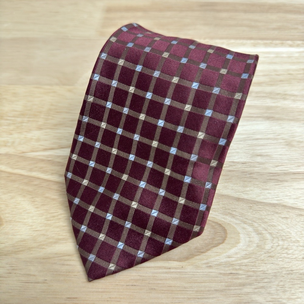 Vintage Claiborne 100% Silk Tie Red Blue Check Hand Sewn‎ USA Classic Power